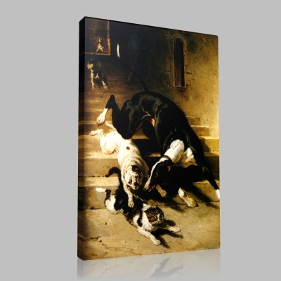 Alfred de Dreux-Dogs driving out a cat Canvas
