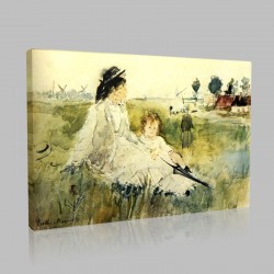 Berthe Morisot-Young woman and child in grass Stampa su Tela