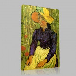 Van Gogh-Young Peasant Woman with Straw Hat Sitting in the Wheat Stampa su Tela