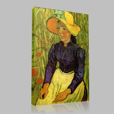 Van Gogh-Young Peasant Woman with Straw Hat Sitting in the Wheat Stampa su Tela