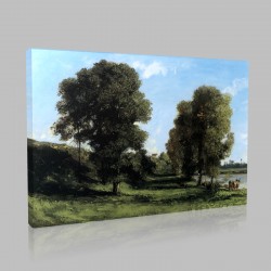 Gustave Le Courbet-Large Oaks, edge of water with Port-Berteau Stampa su Tela
