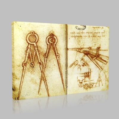 Leonardo DaVinci-Deux types de compas à ouverture réglable et espringale avec détails mécaniques Canvas
