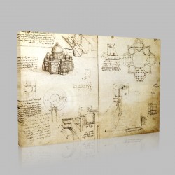 Leonardo DaVinci-Eglise de plan centré vue à vol d'oiseau et en plan avec des projets d'architecture militaire Stampa su Tela