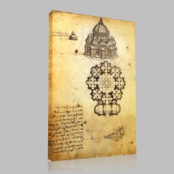 Leonardo DaVinci-Etude d'église de plan centré, manuscrit b Stampa su Tela