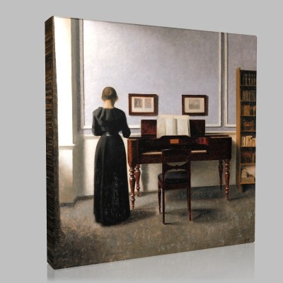 Vilhelm Hammershoi-Interior. Living Room with Piano and Woman dressed in Black Stampa su Tela